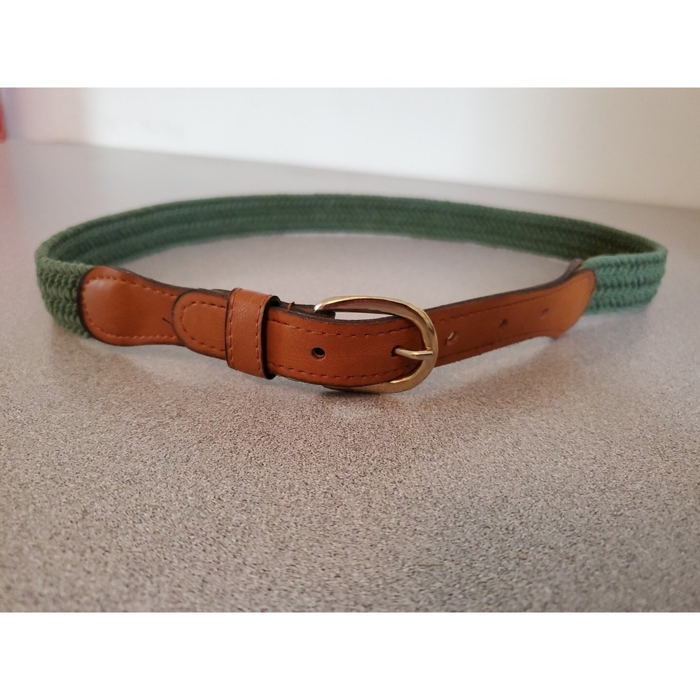 Rooster Braided Belt Womens Sz 28-30 Leather Trim Woven Cord Olive Green & Tan